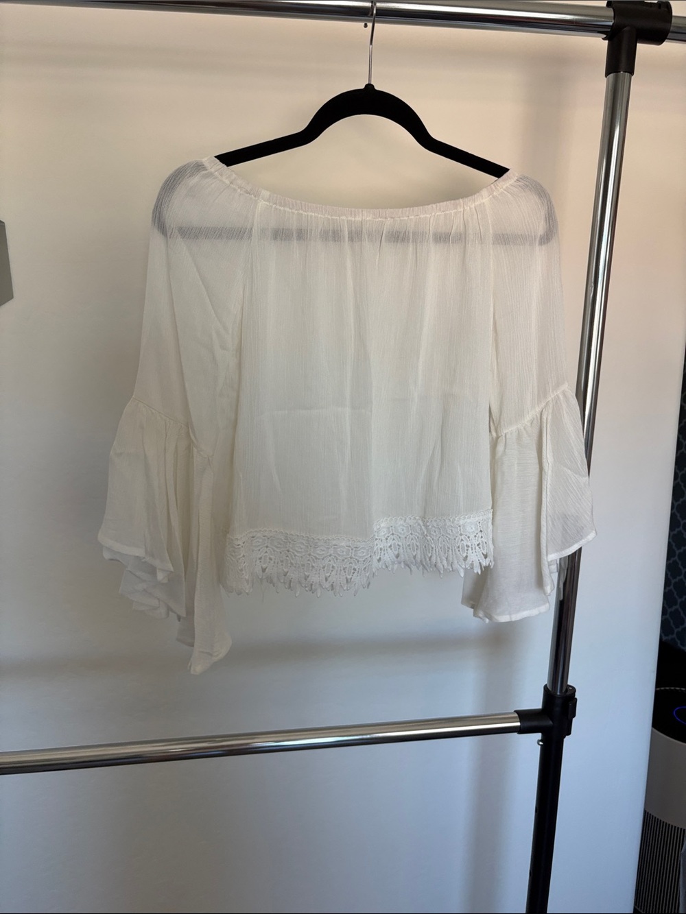 White Off-Shoulder Lace-Hem Women's Top
